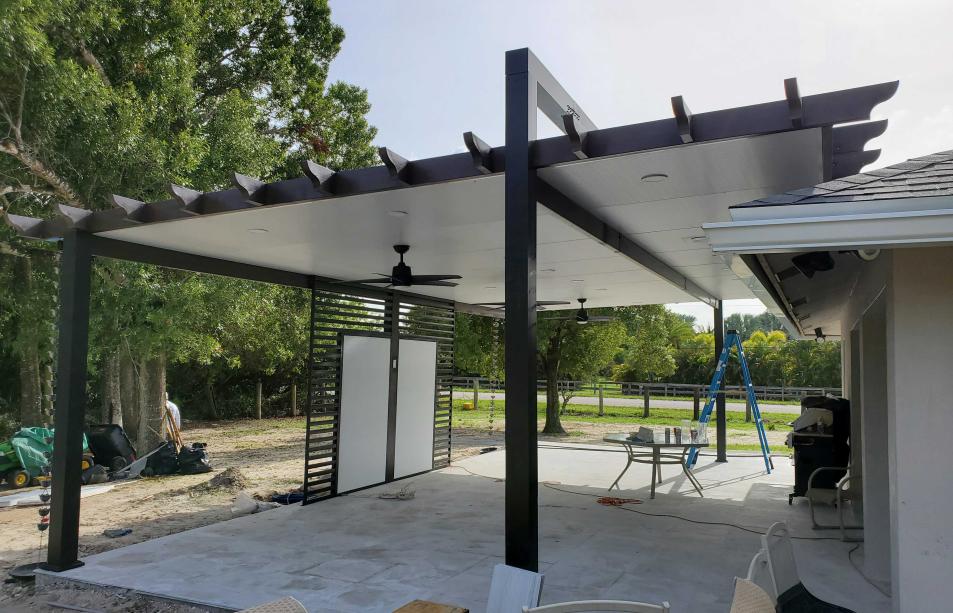 Wooden simulation terrace with 3 fans and LED lights
