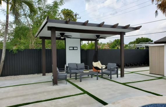 Imitation wood pergola with two classic style fans