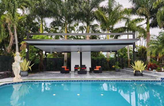 Huge modern pergola with three fans and LED lighting system