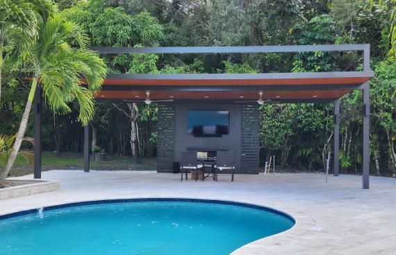 Huge modern aluminum simulation wood pergola with fans and LED lights