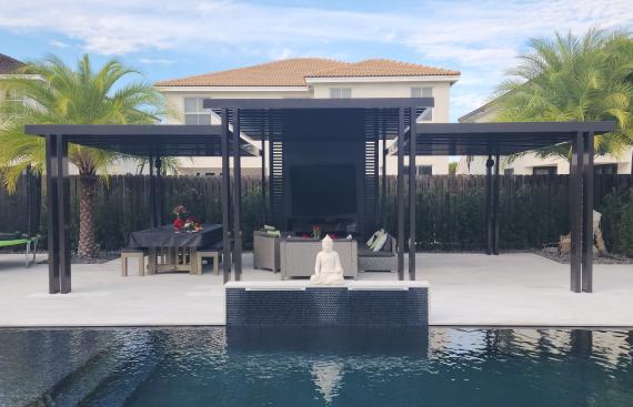 Modern aluminum pergola, three-roof design with LED lighting system