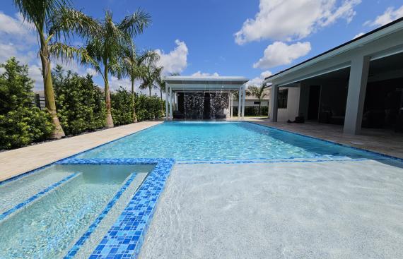 Modern aluminum pergola with waterfall