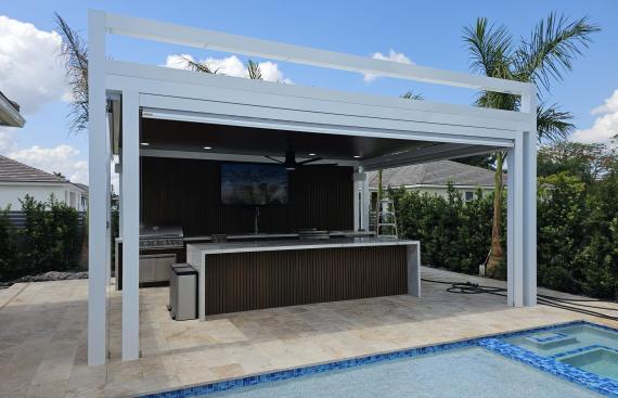 Modern pergola with imitation wood and outdoor kitchen