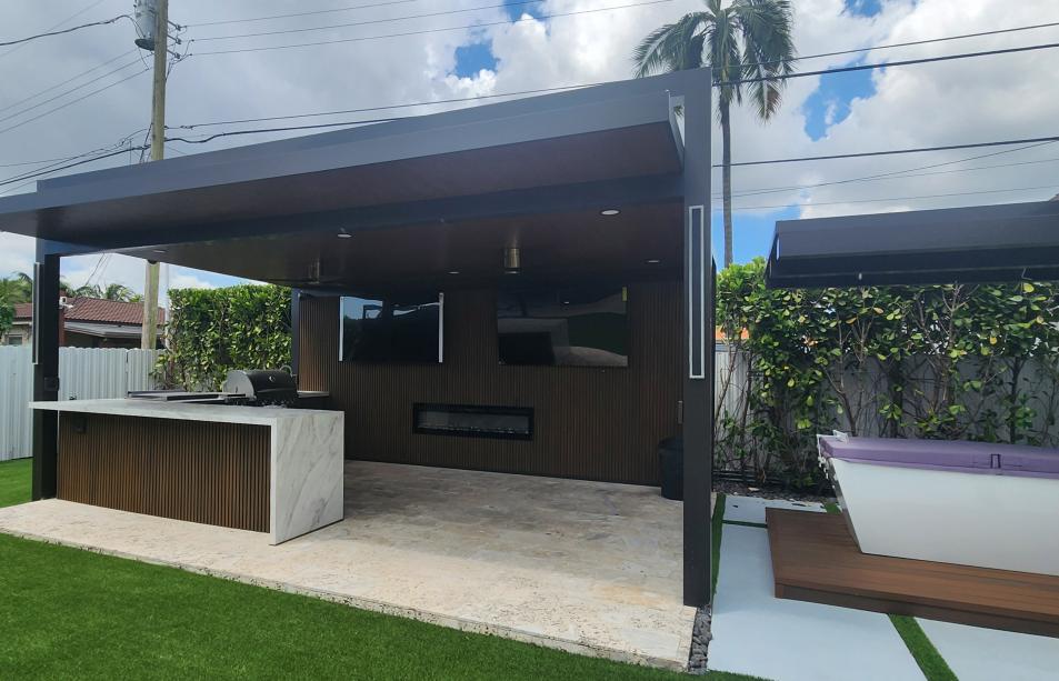 Outdoor kitchen and pergola with imitation wood walls
