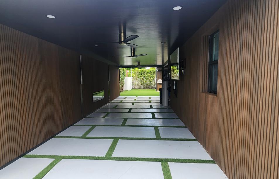 Aluminum terrace with imitation wood walls and LED lighting system