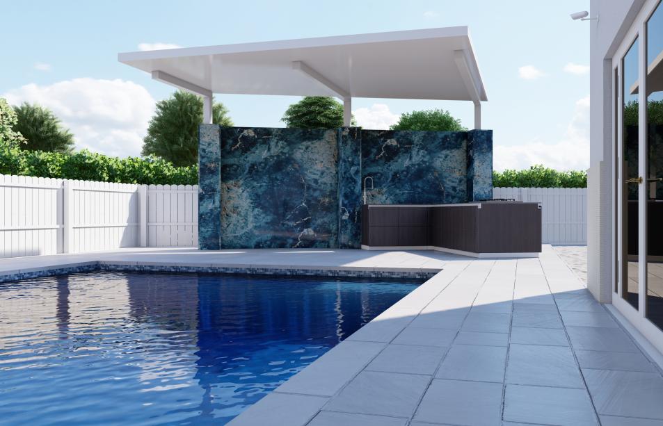 Outdoor kitchen with cantilever pergola with marble walls