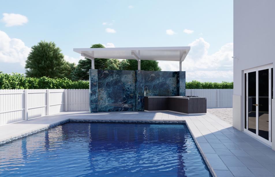Outdoor kitchen with cantilever pergola with marble walls