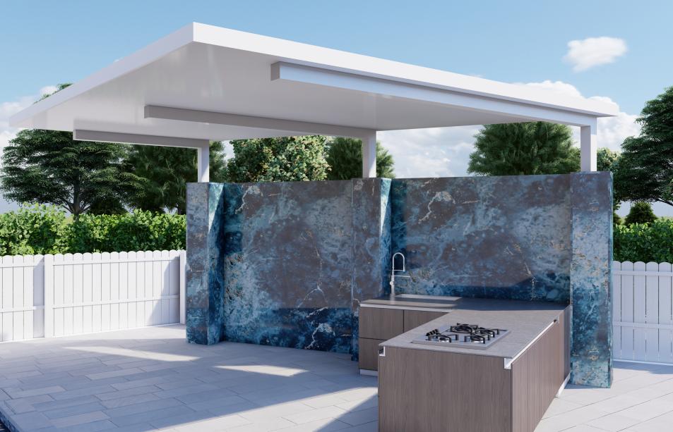 Outdoor kitchen with cantilever pergola with marble walls