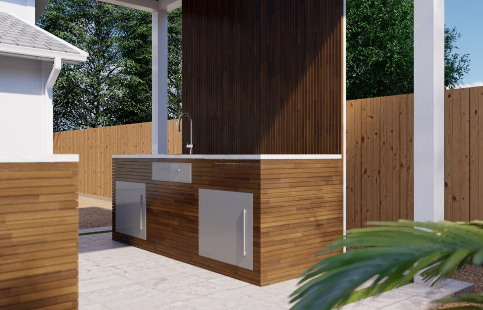 Outdoor kitchen with four-column pergola and wood simulation ceiling