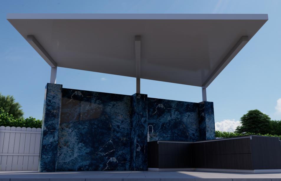 Outdoor kitchen with cantilever pergola with marble walls