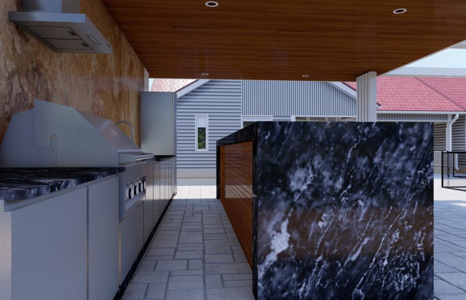 Outdoor kitchen with aluminum pergola with reinforced columns