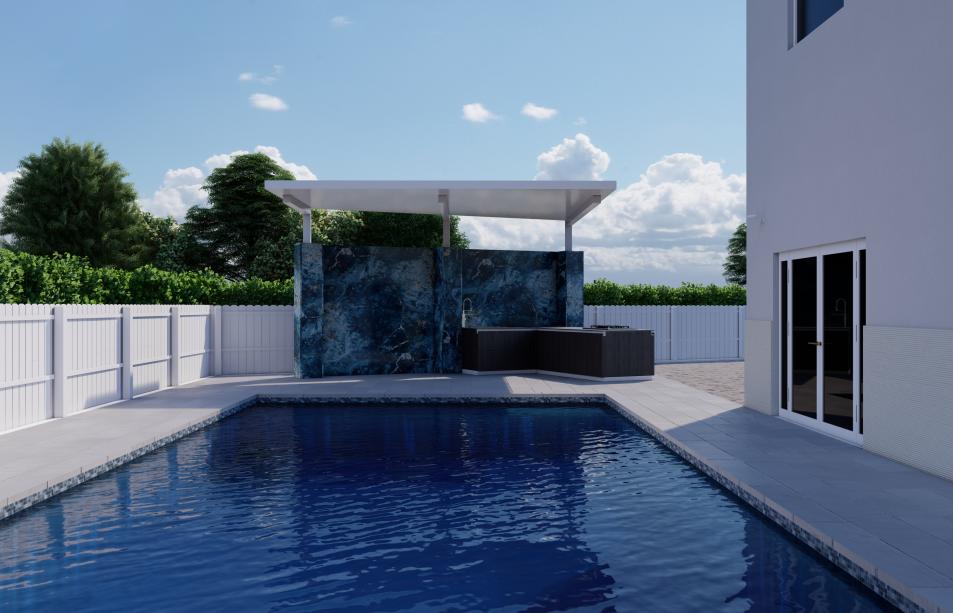 Outdoor kitchen with cantilever pergola with marble walls