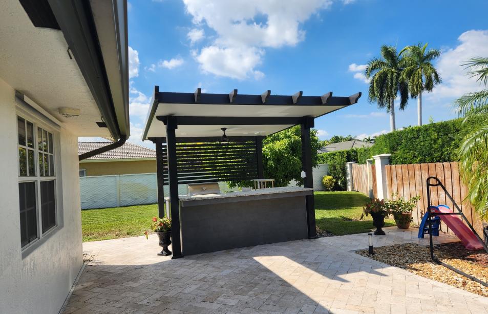 Small simulation wood pergola with outdoor kitchen included