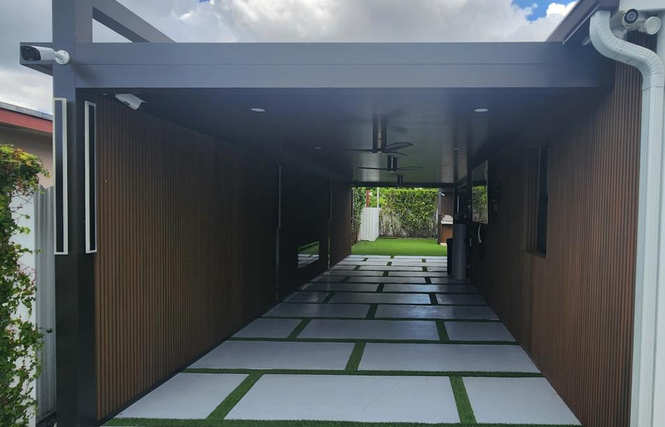 Aluminum terrace with imitation wood walls and LED lighting system