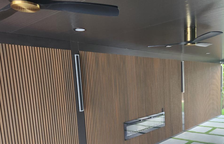 Aluminum terrace with imitation wood walls and LED lighting system