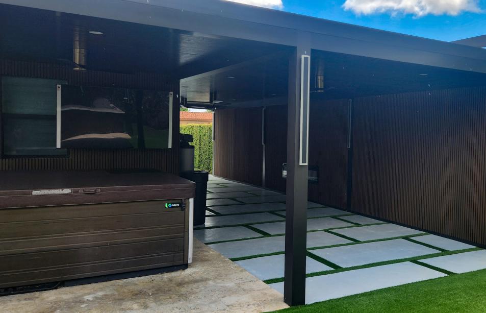 Aluminum terrace with imitation wood walls and LED lighting system