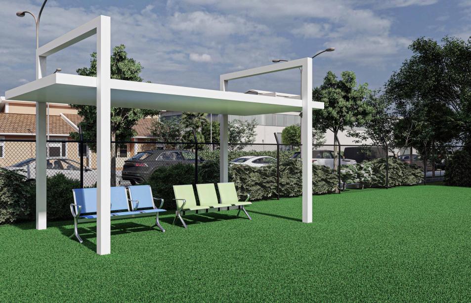 two aluminum pergolas without walls, one black and the other white