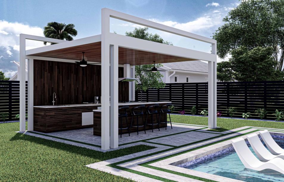 Two modern pergolas with waterfall and outdoor kitchen