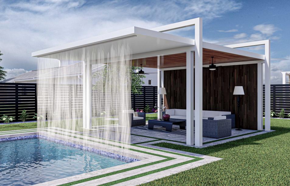 Two modern pergolas with waterfall and outdoor kitchen