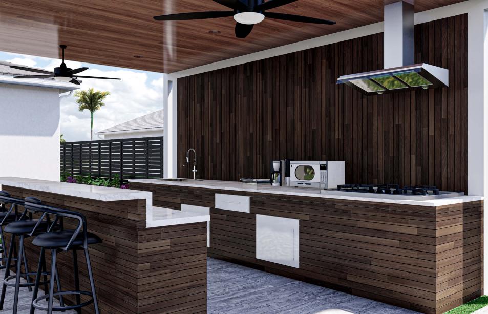 Two modern pergolas with waterfall and outdoor kitchen