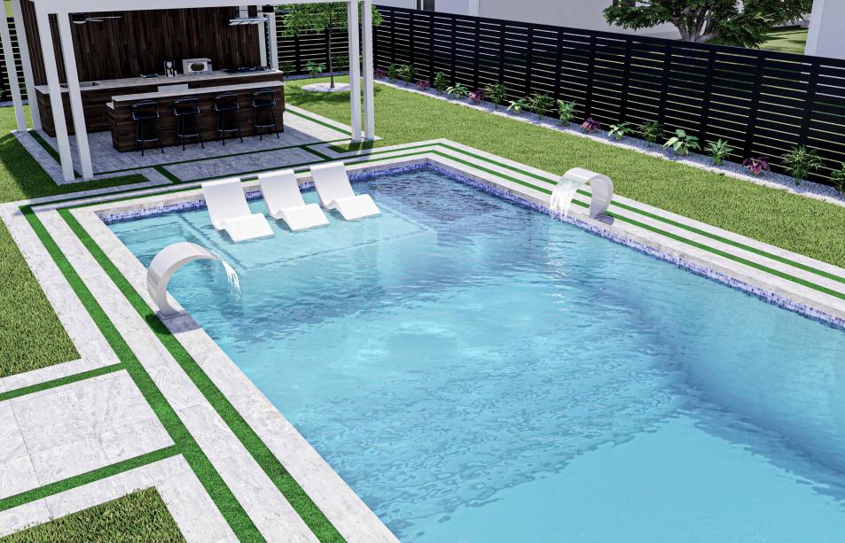 Two modern pergolas with waterfall and outdoor kitchen