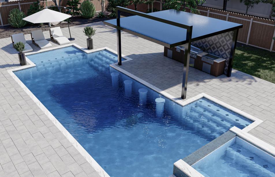 Modern pergola with outdoor kitchen and engraved wall