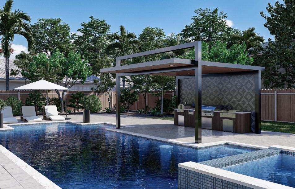 Modern pergola with outdoor kitchen and engraved wall