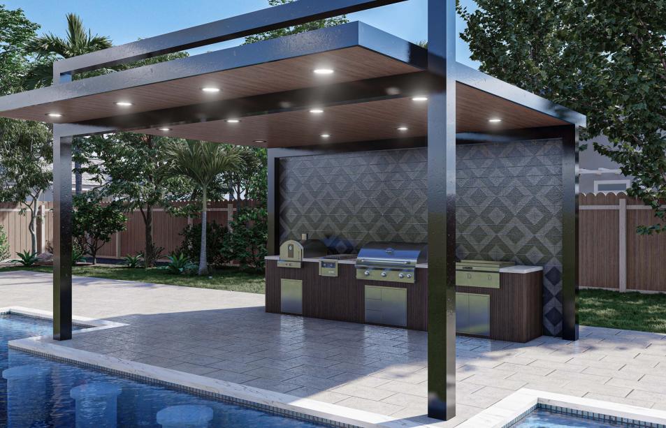 Modern pergola with outdoor kitchen and engraved wall