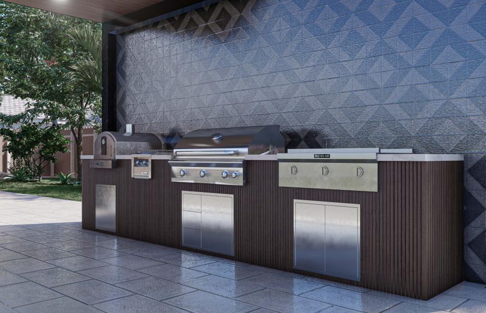 Modern pergola with outdoor kitchen and engraved wall