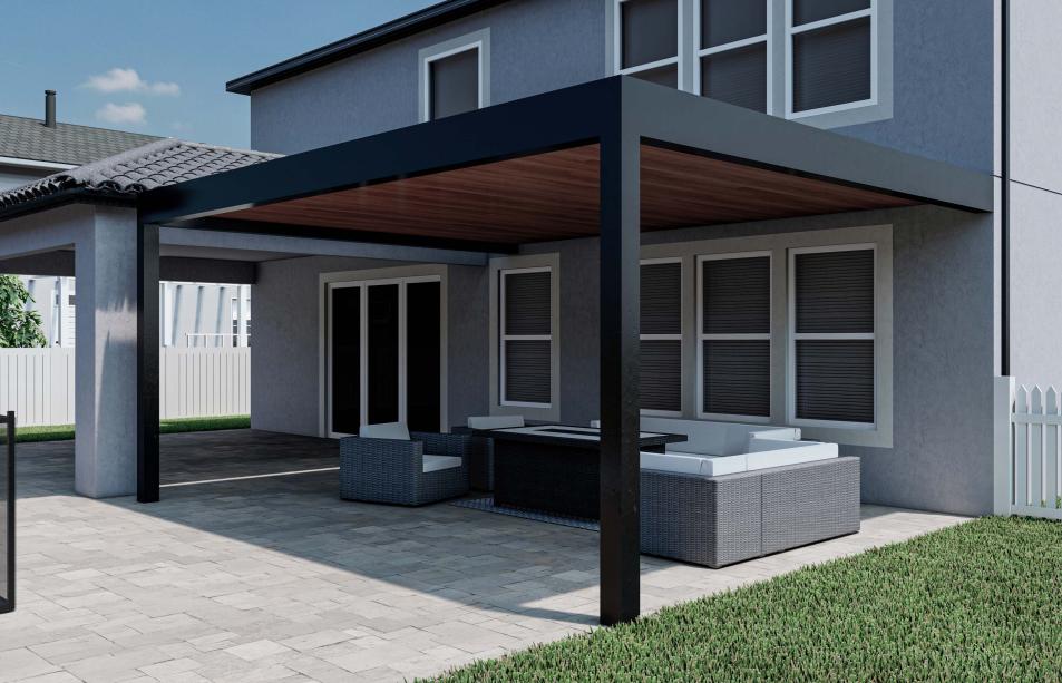 aluminum terrace with wood-colored roof