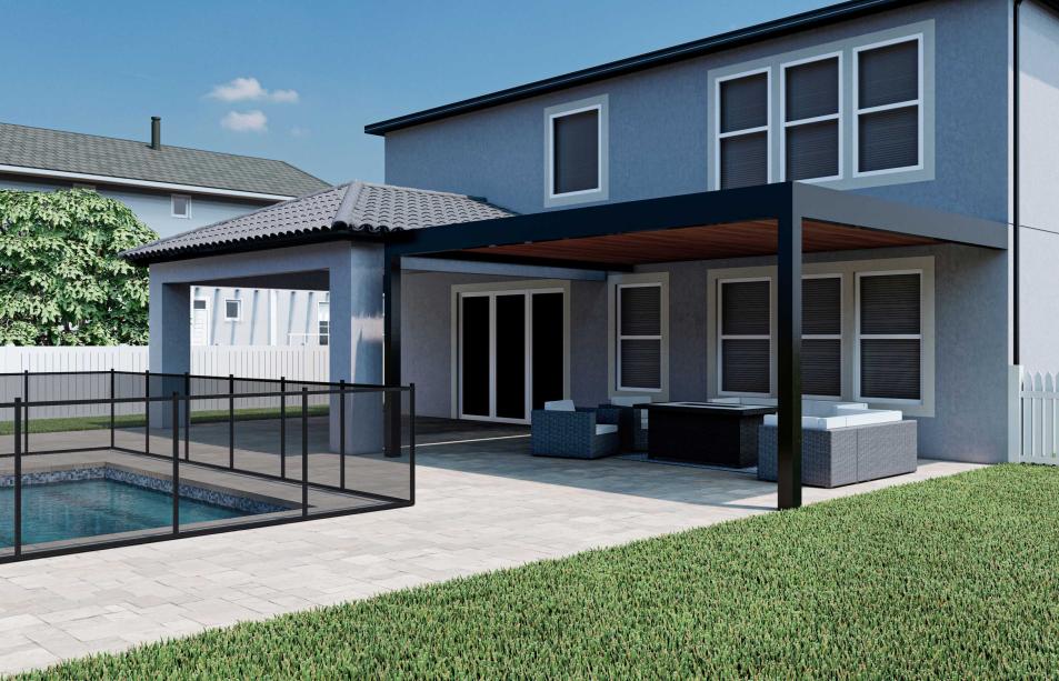 aluminum terrace with wood-colored roof