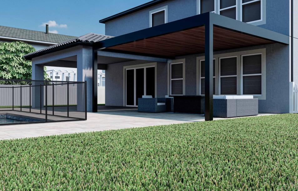 aluminum terrace with wood-colored roof