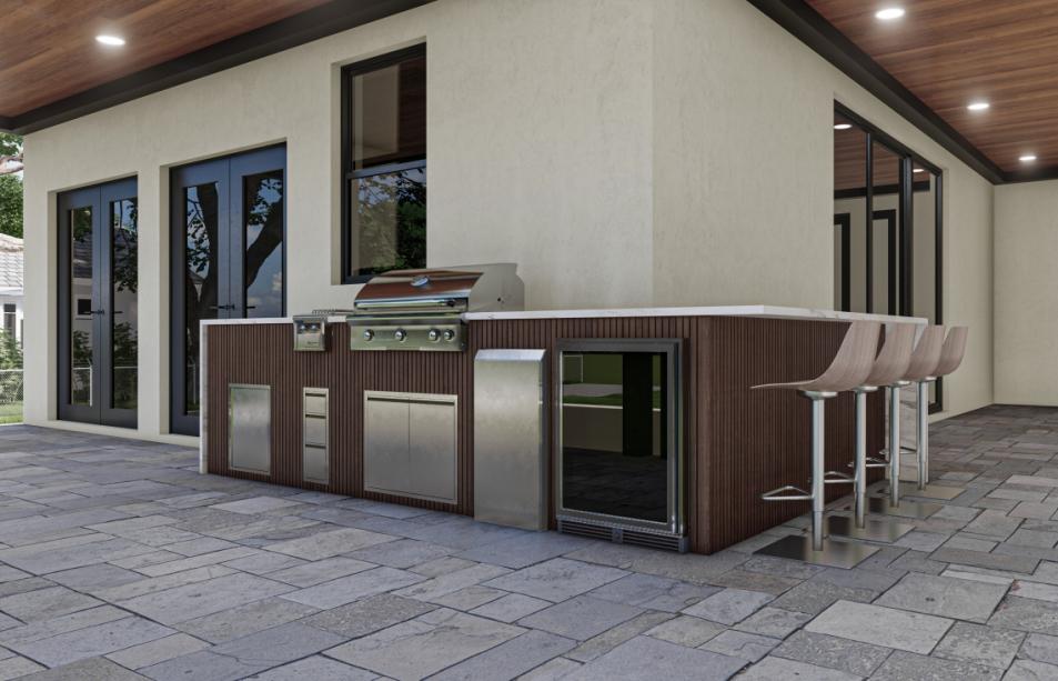 Modern simulation wood terrace with stainless steel outdoor kitchen