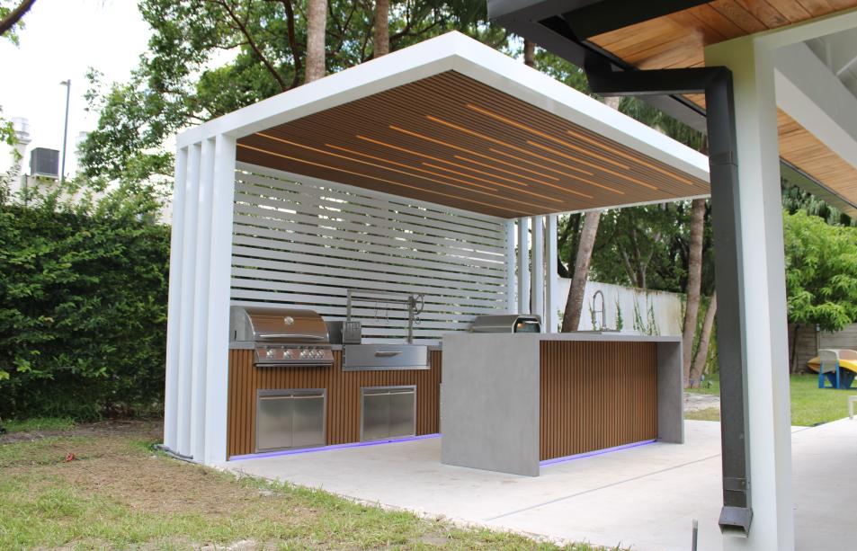 cantilever pergola with outdoor kitchen