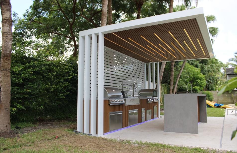 cantilever pergola with outdoor kitchen