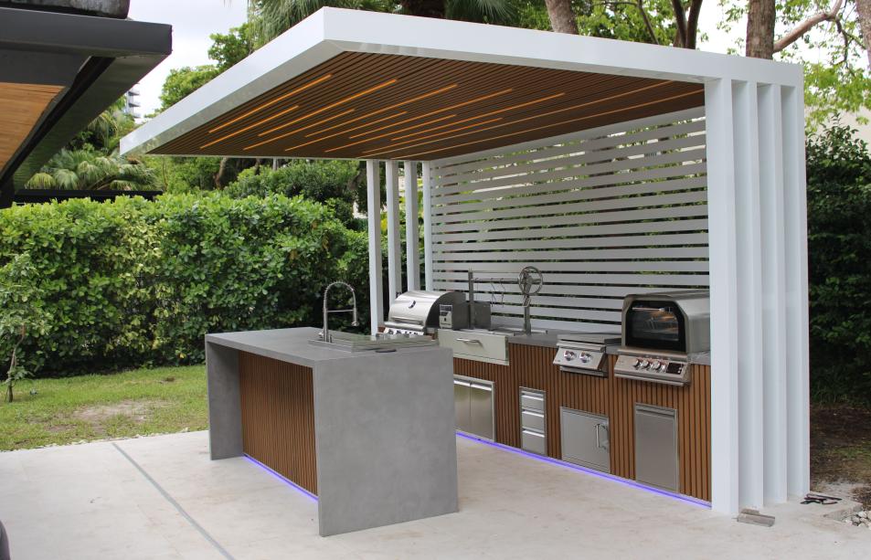 cantilever pergola with outdoor kitchen