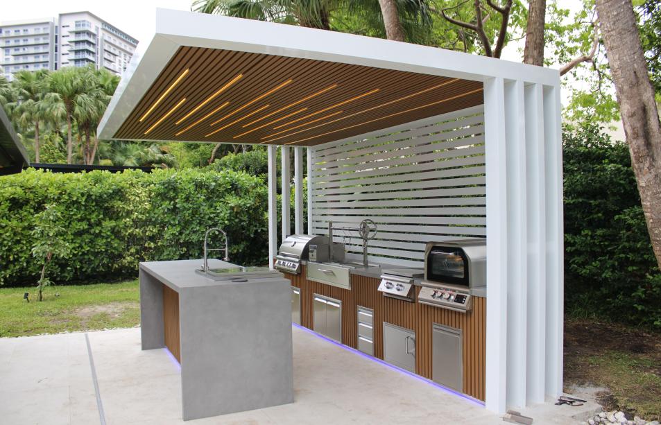 cantilever pergola with outdoor kitchen