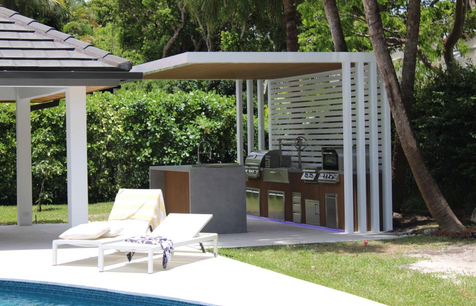 cantilever pergola with outdoor kitchen