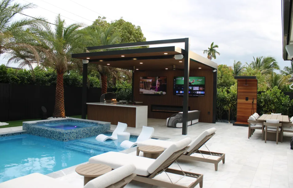 Steel outdoor kitchen with imitation wood pergola