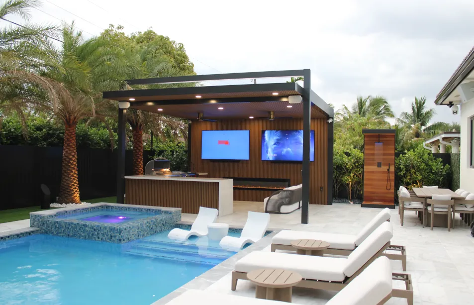 Steel outdoor kitchen with imitation wood pergola