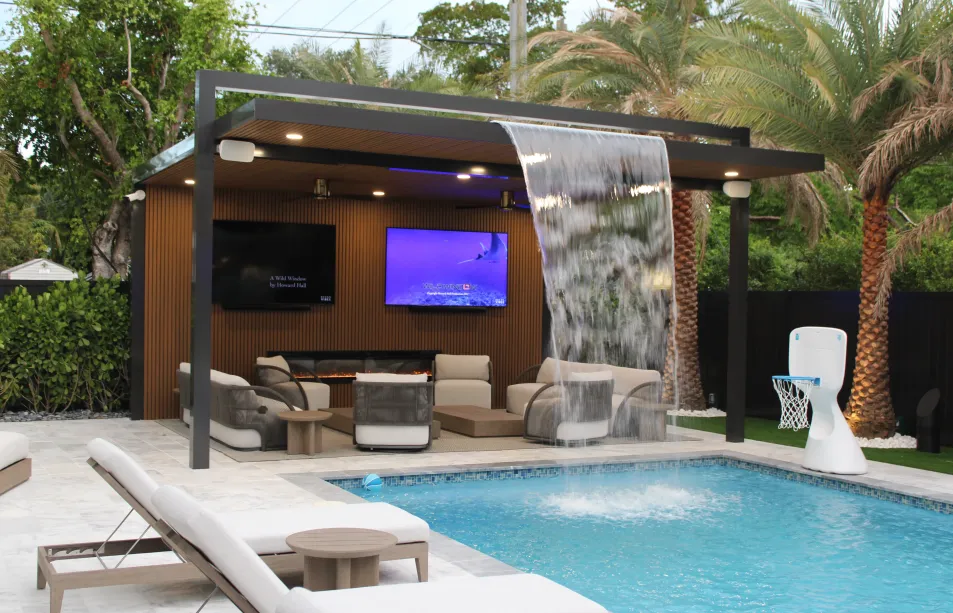 Steel outdoor kitchen with imitation wood pergola